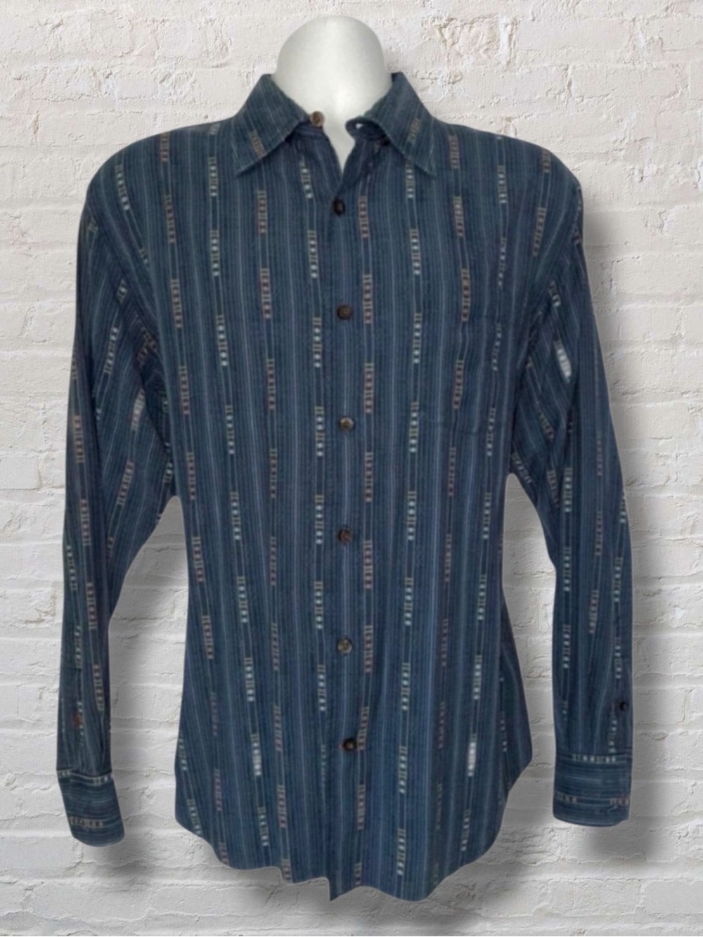 Tommy Bahama Long Sleeve Blue Button Down Shirt L Geometric Stripe Tencel Blend